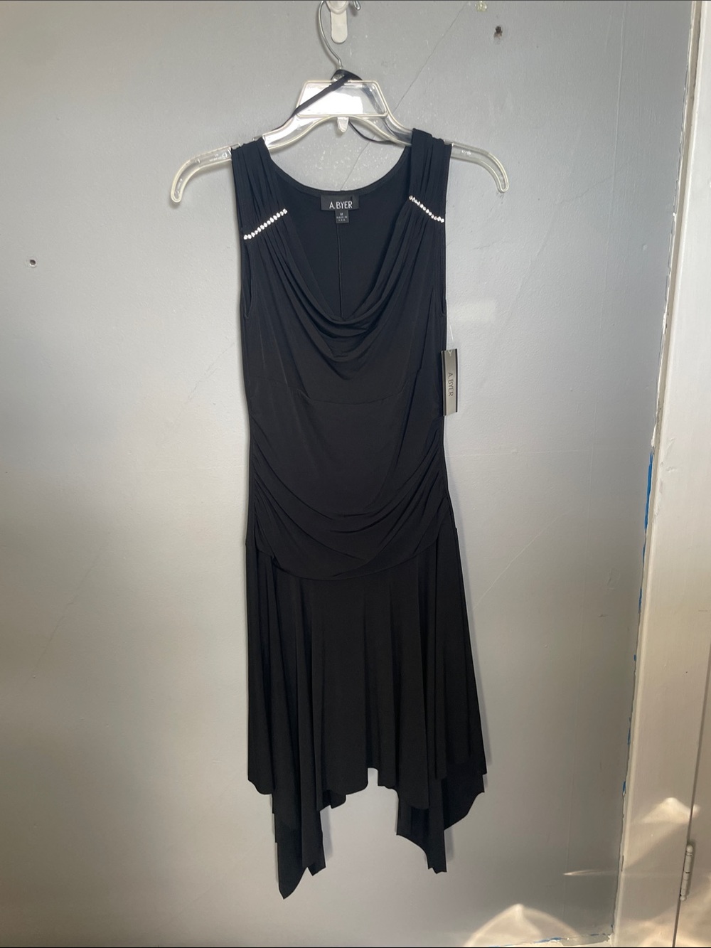 NWT Y2K A. Byer M Black Cowlneck Sleeveless Rhinestone accent Asymmetrical Dress